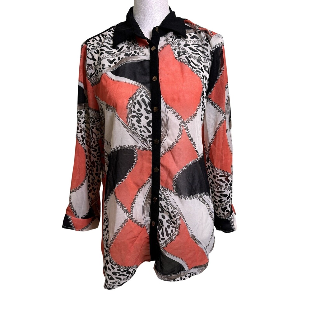 Mix Nouveau Y2K Scarf Print Button Down Blouse Geometric Leopard Size‎ S